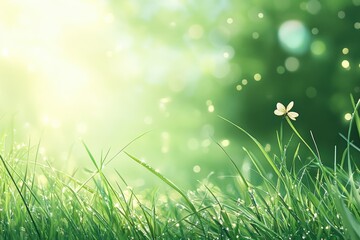 Obraz premium On this sunny Easter morning, vibrant flowers and fresh grass bask in warm sunlight, symbolizing renewal and joy as we gather to celebrate springs arrival and the beauty around us