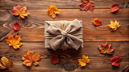 Fototapeta premium A thoughtfully wrapped autumnal gift, surrounded by colorful fall leaves on a rustic wooden surface.