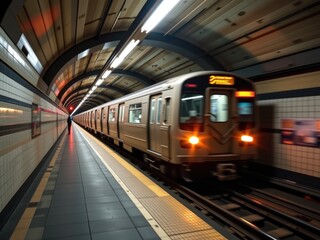 Subway Train Speeding Through Underground Tunnel Station Platform