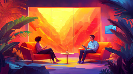 Vibrant Sunset View, Two Individuals Relaxing on Couches, Engaging in Separate Activities While Enjoying a Serene Landscape and Tropical Ambiance.