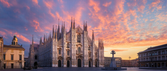 Naklejka premium Milan Cathedral Sunrise, Gothic Architecture, Duomo di Milano, Italy, Piazza del Duomo