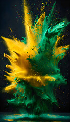 An abstract burst of colorful powder exploding against a black background, creating stunning contrast, texture, and motion in photography
