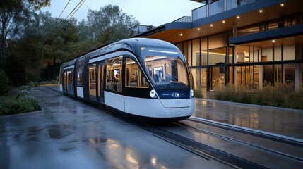Obraz premium Modern tram arrives at station in urban area during twilight hours with sleek design and illuminated interior
