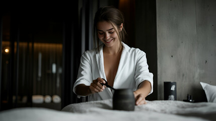 Woman in Bathrobe Prepares a Drink, Serene Morning Ritual in Minimalist Setting. Enjoying Relaxation and Self-Care