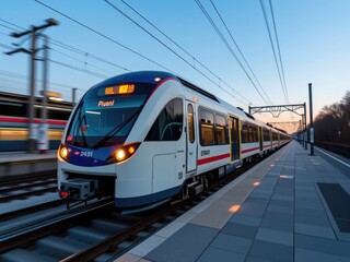 Naklejka premium Modern Train Arriving at Station Evening Commute Public Transportation
