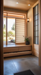 Japanese Entryway: Sliding Door, Storage Bench, Serene Design
