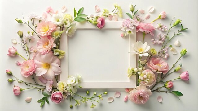 Elegant white frame surrounded by delicate pastel blossoms and petals, perfect for springtime announcements or invitations