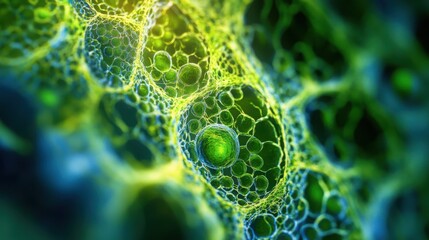 Microscopic view of plant cells, focusing on chloroplasts and cell walls.