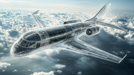 Modern airplane design with transparent details soaring above clouds, showcasing advanced engineering and innovation in aviation technology