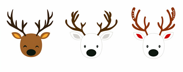 Fototapeta premium Adorable Reindeer Faces, A Festive Christmas Trio of Brown, White, and Red-Nosed Deer with Antlers, Joyfully Celebrating the Season.