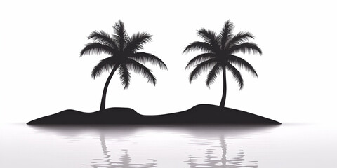 Tropical Island Paradise, Two Palm Trees Gracefully Stand on a Secluded Island in Calm Waters.