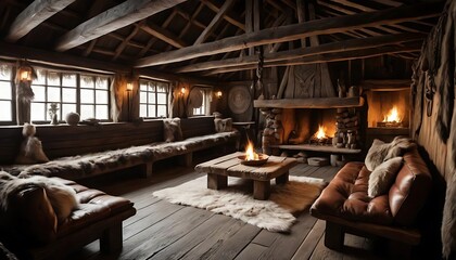 Rustic Viking Longhouse Interior Warm Fire Cozy Leather Furniture