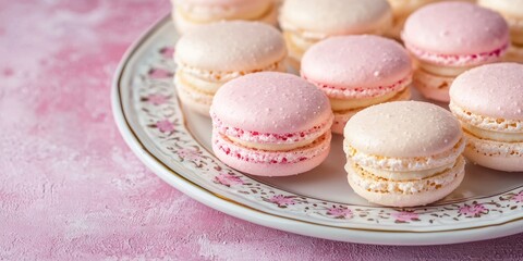 Fototapeta premium Pink and White Macarons on Vintage Plate Delicious French Pastry Sweet Treats