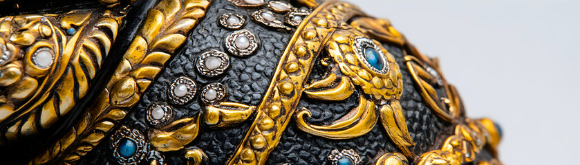Ornate Golden & Black Artifact, Intricate Detailing of Precious Gems Adorn This Exquisite Object, Showcasing Masterful Craftsmanship.