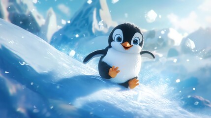 Fototapeta premium 2D cartoon of a cute penguin sliding down an icy hill.--ar 16:9