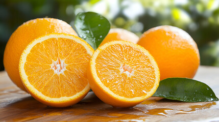 Juicy Oranges, A Refreshing Still Life of Sliced and Whole Citrus Fruits on Wooden Surface