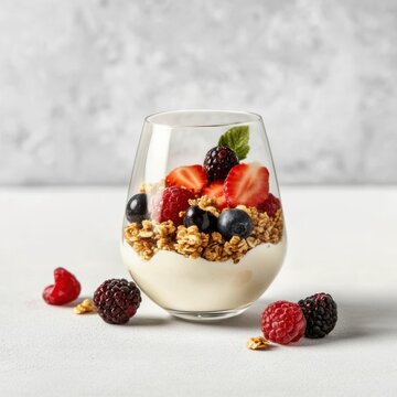 Creamy yogurt parfait in a glass. Featuring berries and granola