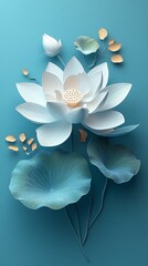 Elegant White Lotus Flower with Leaves on Soft Blue Background