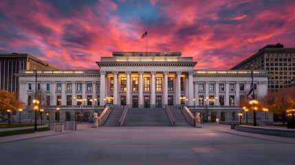 Naklejka premium Dramatic courthouse exterior featuring towering stone columns and grand architecture, symbolizing justice, authority, and the importance of legal proceedings in society