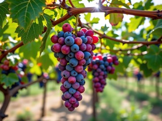 Ripe Red and Blue Grapes Hanging on Vine Vineyard Sunlight