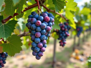 Naklejka premium Lush Red Grapes Hanging on Vine Vineyard Wine Harvest Autumn Nature