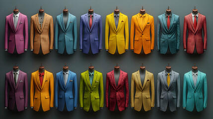 Stylish Men's Suits, A Colorful Collection of Modern Tailored Jackets, Displayed Elegantly on Mannequins.  Perfect for Fashion Shows, Magazines, and Advertisement.