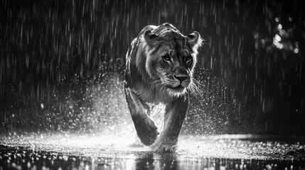 Lioness Walking in Rain: Powerful Black and White Wildlife Photo