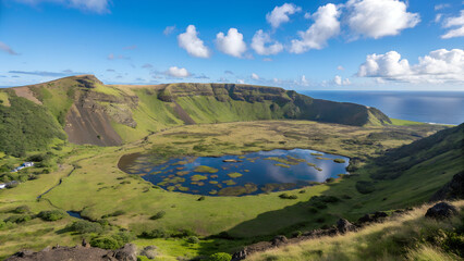 Obraz premium Serene wetland landscape, lush green reeds, reflective water surface, fluffy white clouds, vibrant blue sky
