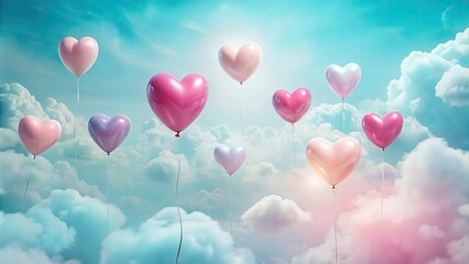 Heart-shaped balloons float serenely among fluffy clouds in a dreamy pastel sky