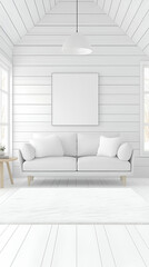 Serene White Room Interior Design with Sofa, evokes calmness and tranquility in minimalist style.