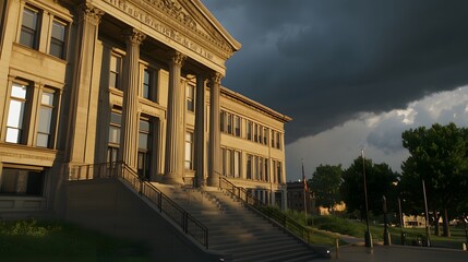 Obraz premium Dramatic courthouse exterior featuring towering stone columns and grand architecture, symbolizing justice, authority, and the importance of legal proceedings in society