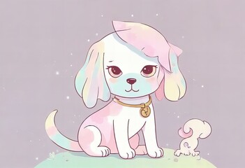 Minimalist chibi pirate dog character design, pirate ship background.