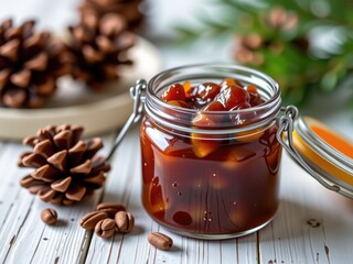 Delicious Homemade Pine Nut Jam in Glass Jar Autumn Harvest Cozy Winter Food