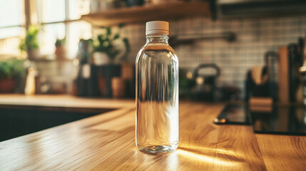 Clean glass water bottle on wooden countertop kitchen product photography natural light still life composition