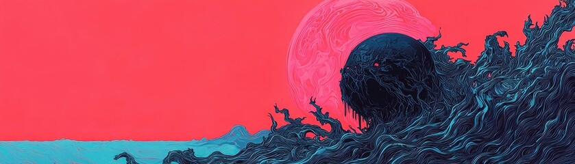 A dark, surreal landscape featuring a monstrous figure amidst vibrant pink and blue hues.