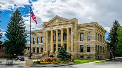Obraz premium Dramatic courthouse exterior featuring towering stone columns and grand architecture, symbolizing justice, authority, and the importance of legal proceedings in society