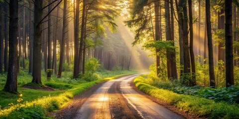 Obraz premium Golden Sunlight Illuminates a Winding Forest Road at Dawn