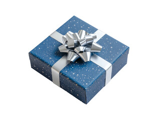Obraz premium Blue Gift Box with Silver Stars and Bow Top View on Flat Lay