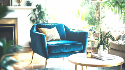 Fototapeta premium Elegant Interior Design: Velvet Armchair and Marble Flooring in Luxury Living Room