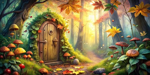 Obraz premium Enchanted Autumn Forest Path Leading to a Mossy Doorway