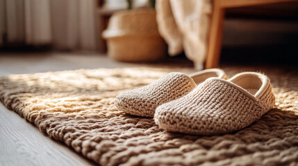 Cozy neutral slippers on textured rug home interior lifestyle photography warm atmosphere close-up comfort concept