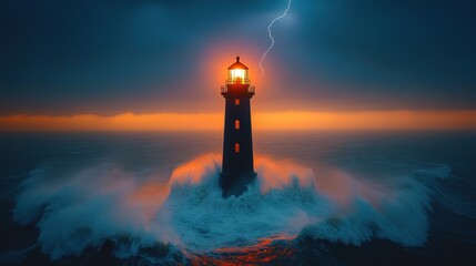 A lighthouse stands resilient amid stormy waves and lightning, symbolizing guidance and hope.