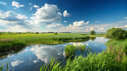 Serene mountain lake, perfect reflection, vibrant green forest, lush vegetation, majestic mountains, fluffy white clouds, blue sky, tranquil waters, panoramic landscape, idyllic