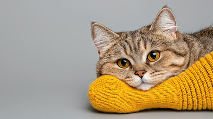National Cheesy Socks Day concept. playful cat resting its head on cozy yellow sock, looking curious