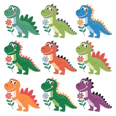 Fototapeta premium Set of ten friendly dinosaurs with flowers, vibrant vector style, medium eyes, white background.