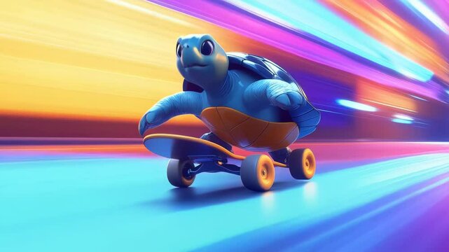 High-Speed Cartoon Skateboarding Turtle , Neon Cityscape, Colorful Light Effects, Fast Motion, Neon Light Trails, Futuristic, Speed and Fun.Technology, Internet, Speed, Innovation, and Digital Era.