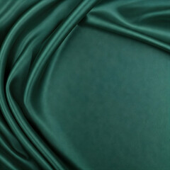 Dark green silk satin background. Beautiful soft folds on the smooth surface of the fabric. Luxury background with copy space for design. abstract background design.