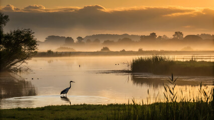 Serene wetland landscape, vibrant sunset sky, colorful clouds, reflective water surface, lily pads, marsh grasses, distant treeline, golden hour light,