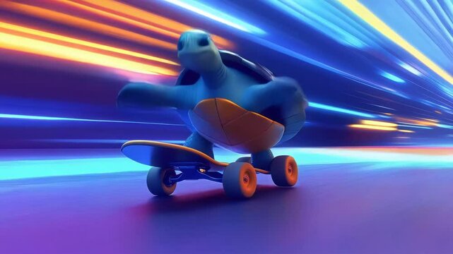 High-Speed Cartoon Skateboarding Turtle , Neon Cityscape, Colorful Light Effects, Fast Motion, Neon Light Trails, Futuristic, Speed and Fun.Technology, Internet, Speed, Innovation, and Digital Era.