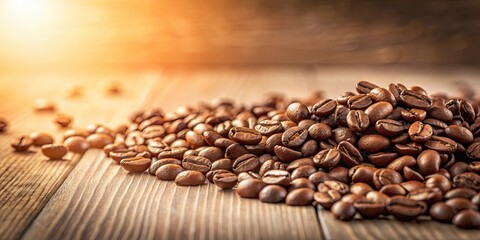 Obraz premium Roasted Coffee Beans on Rustic Wooden Surface in Warm Light